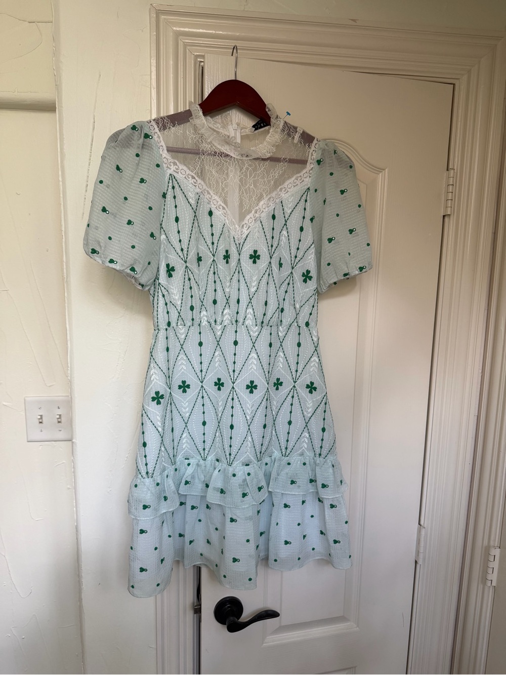 Sandro Paris White and Green Lace-Trim Ruffled Mini Dress - Picture 3 of 6